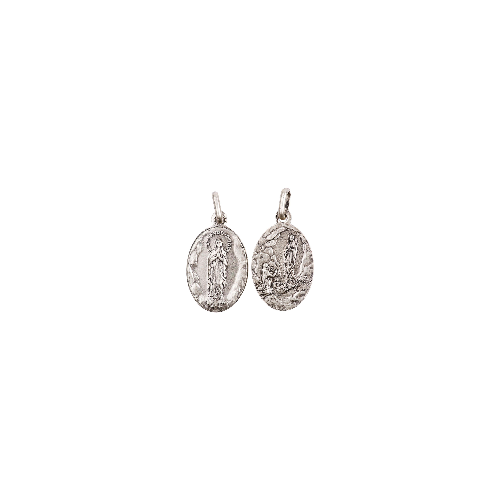 Médaille vieil argent ovale H. 1.9 cm double face ND de Lourdes / Apparition.