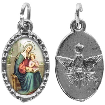 Médaille métal de couleur argentée ovale avec rebord effet dentelle H.1,5 cm avec résine. Disponible avec différents Saints.
