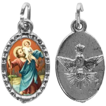 Médaille métal de couleur argentée ovale avec rebord effet dentelle H.1,5 cm avec résine. Disponible avec différents Saints.