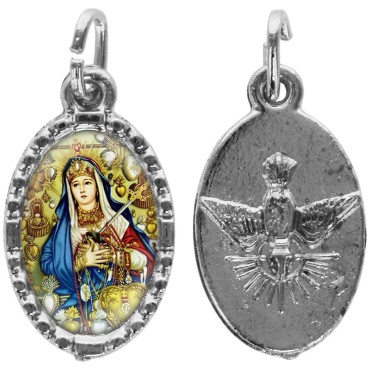 Médaille métal de couleur argentée ovale avec rebord effet dentelle H.1,5 cm avec résine. Disponible avec différents Saints.