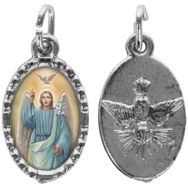 Médaille métal de couleur argentée ovale avec rebord effet dentelle H.1,5 cm avec résine. Disponible avec différents Saints.