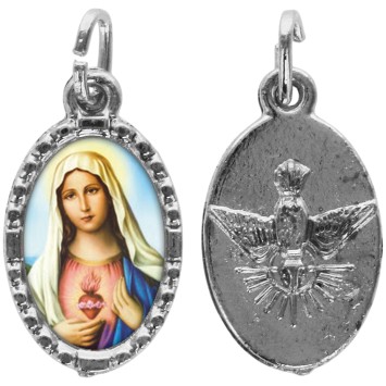 Médaille métal de couleur argentée ovale avec rebord effet dentelle H.1,5 cm avec résine. Disponible avec différents Saints.