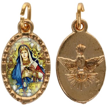 Médaille métal de couleur dorée ovale avec rebord effet dentelle H.1.5 cm avec résine. Disponible avec différents Saints.