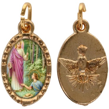 Médaille métal de couleur dorée ovale avec rebord effet dentelle H.1.5 cm avec résine. Disponible avec différents Saints.