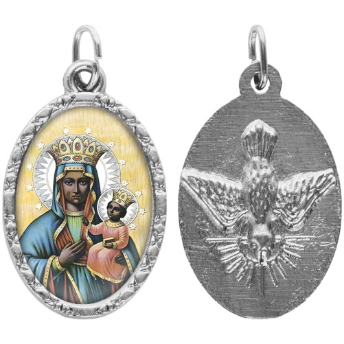 Médaille métal de couleur argentée ovale avec rebord effet dentelle H.2,5 cm avec résine. Disponible avec différents Saints.