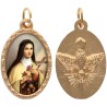 Médaille métal de couleur dorée ovale avec rebord effet dentelle H.2.5 cm avec résine. Disponible avec différents saints.