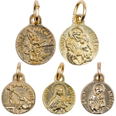 Médaille moulée en métal couleur dorée Ø 1.2 cm, Plusieurs Saints.