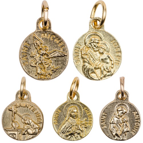 Médaille moulée en métal couleur dorée Ø 1.2 cm, Plusieurs Saints.