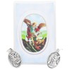 Medaille metal couleur argentee forme ovale H. 2,2 cm dans pochette avec image. Plusieurs saints