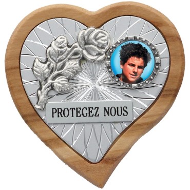 Plaque auto en bois d’olivier forme coeur avec rose- H 4 x 4 cm- Différents Saints-