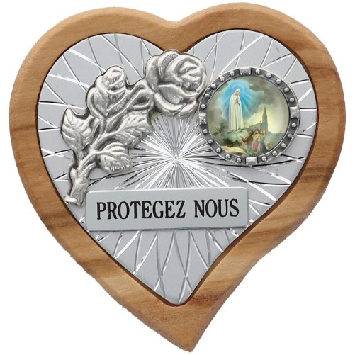 Plaque auto en bois d’olivier forme coeur avec rose- H 4 x 4 cm- Différents Saints-