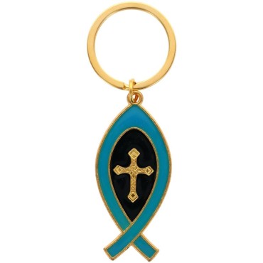 Porte-cles Ictus en metal de couleur dore avec croix au centre, hauteur 5 cm. Existe de differentes couleurs.