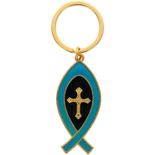 Porte-cles Ictus en metal de couleur dore avec croix au centre, hauteur 5 cm. Existe de differentes couleurs.