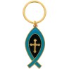 Porte-cles Ictus en metal de couleur dore avec croix au centre, hauteur 5 cm. Existe de differentes couleurs.