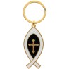 Porte-cles Ictus en metal de couleur dore avec croix au centre, hauteur 5 cm. Existe de differentes couleurs.