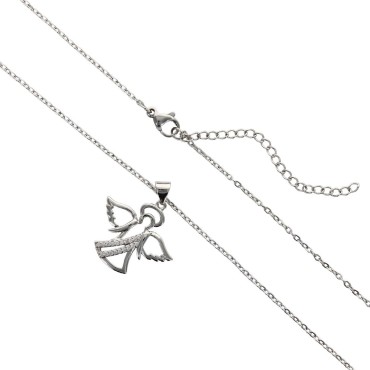 Collier avec chaine L-45 cm r--glable jusqu'-- 50cm avec ange strass H-2 cm en acier inoxydable argent--- livr--e en pochette-