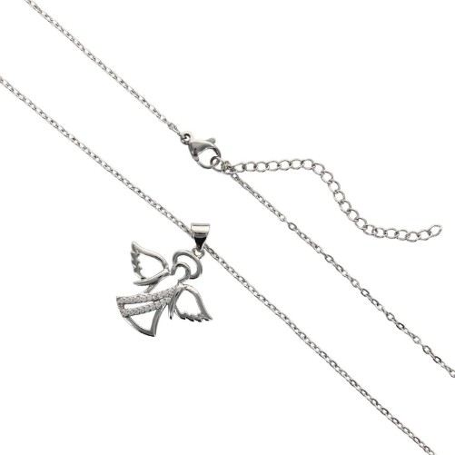 Collier avec chaine L-45 cm r--glable jusqu'-- 50cm avec ange strass H-2 cm en acier inoxydable argent--- livr--e en pochette-
