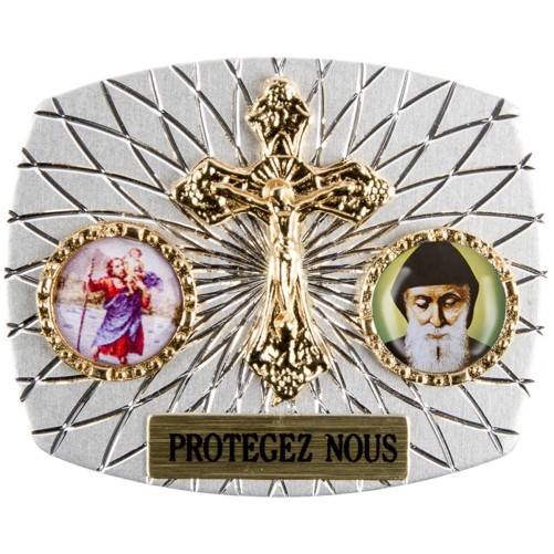 Plaque auto rectangle H. 3,5 x 4 cm arrondie en alu striée avec croix plus 2 résines, plusieurs saints.
