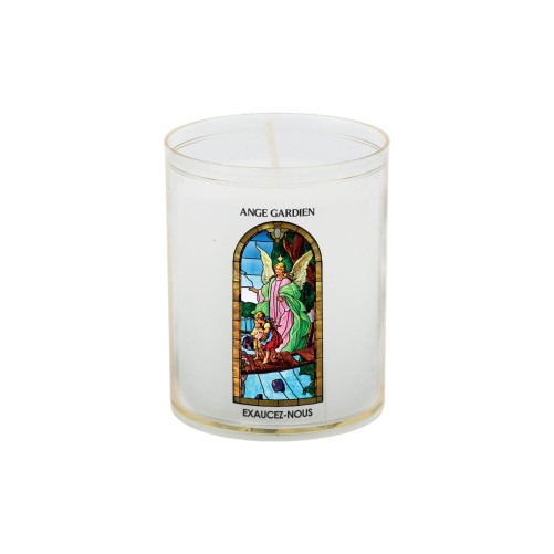 Veilleuse blanche avec autocollant "vitrail" de saint 20/24, H. 6,5 cm, Ø 5 cm ( VO 5)