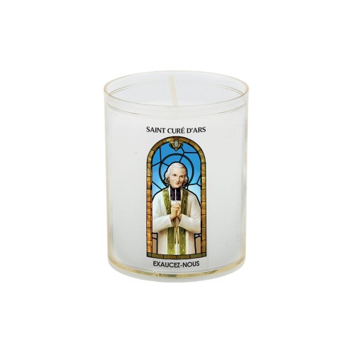 Veilleuse blanche avec autocollant "vitrail" de saint 20/24, H. 6,5 cm, Ø 5 cm ( VO 5)