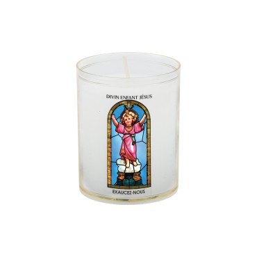 Veilleuse blanche avec autocollant "vitrail" de saint 20/24, H. 6,5 cm, Ø 5 cm ( VO 5)