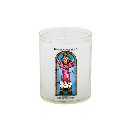 Veilleuse blanche avec autocollant "vitrail" de saint 20/24, H. 6,5 cm, Ø 5 cm ( VO 5)