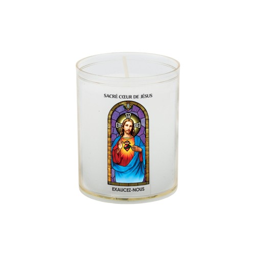 Veilleuse blanche avec autocollant "vitrail" de saint 20/24, H. 6,5 cm, Ø 5 cm ( VO 5)