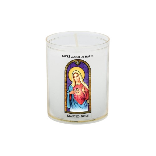 Veilleuse blanche avec autocollant "vitrail" de saint 20/24, H. 6,5 cm, Ø 5 cm ( VO 5)