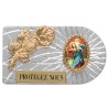 Plaque auto rectangle en aluminium strie, dimensions 2,4 x 4 cm, ornee d une rose. Differents Saints