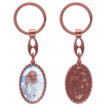 Porte-clés en aluminium de couleur cuivrée, hauteur 3,8 cm, avec résine. Disponible avec plusieurs saints au choix.