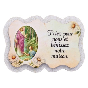 Magnet en bois H. 5 x 7 cm, avec prière pour la maison et résine de