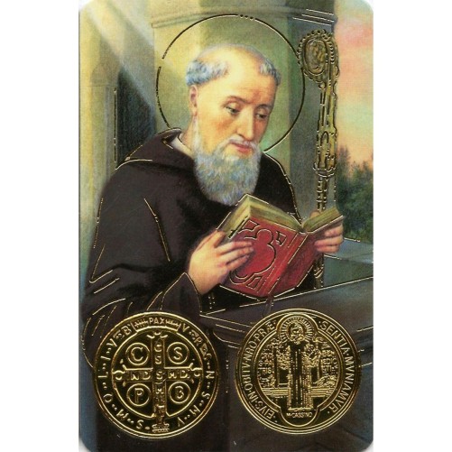Carte priere plastifiee avec poincon dore imitation medaille H.8.5 x 5.4 cm, plusieurs saints.