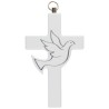 Croix à suspendre en bois avec colombe argentée. H. 14.5 cm