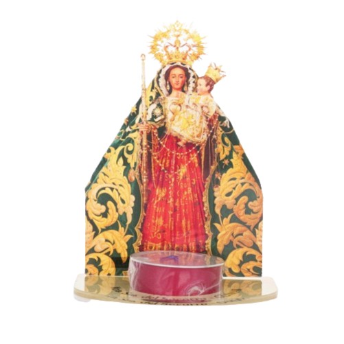 Bougeoir en plexi assemblable, avec représentations de saints. Livre avec une bougie, H. 13,5 cm. Plusieurs saints