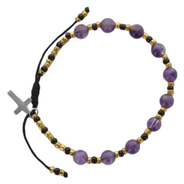 Bracelet dizainier sur corde réglable, grains en pierre Ø 6 mm, avec croix en métal. Existe en différentes pierres.
