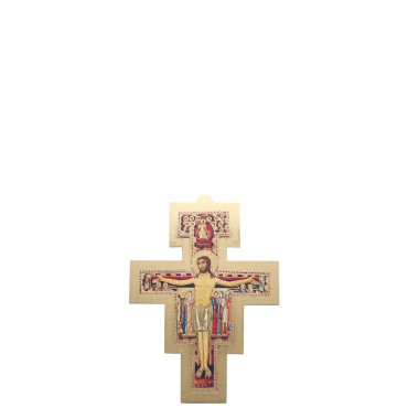 Croix de saint François en bois avec image collée de couleur doré. Différentes tailles.