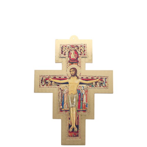 Croix de saint François en bois avec image collée de couleur doré. Différentes tailles.