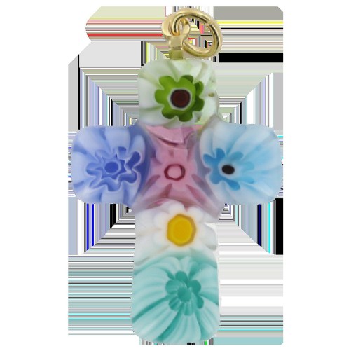 Pendentif croix en veritable verre de Murano H. 3 cm. Livre en boite.