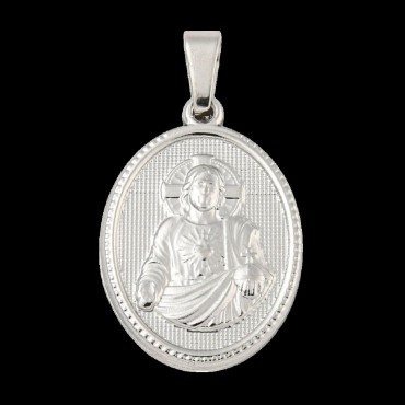 Médaille en acier inoxydable de couleur argenté, H. 2.1 cm. Existe avec différents Saints.