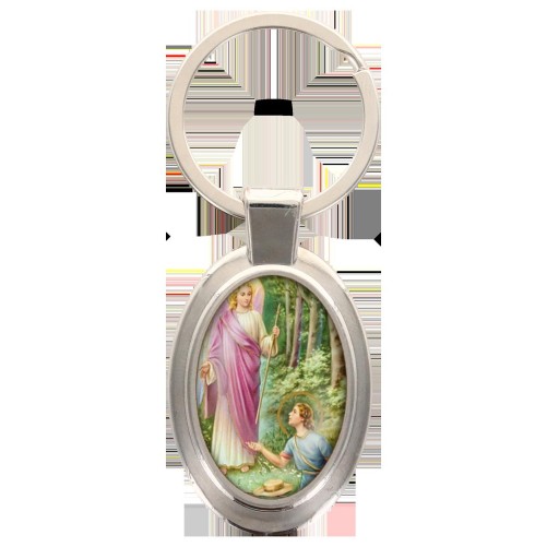 Porte-clés en métal de couleur argenté de forme ovale H. 4.3 cm. Livré en boite cadeaux. Existe avec différents Saints.
